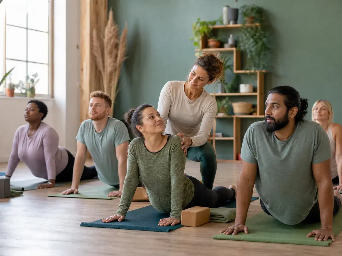 A yoga teacher guiding a welcoming small studio class