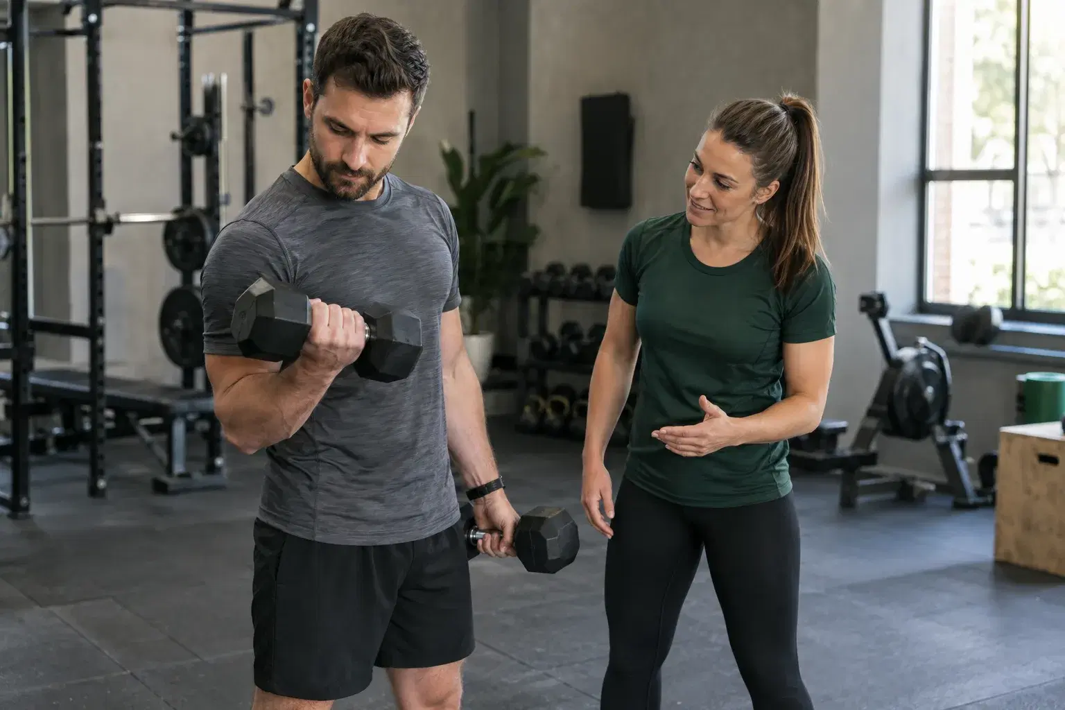 A personal trainer coaching a client through a dumbbell exercise in a gym