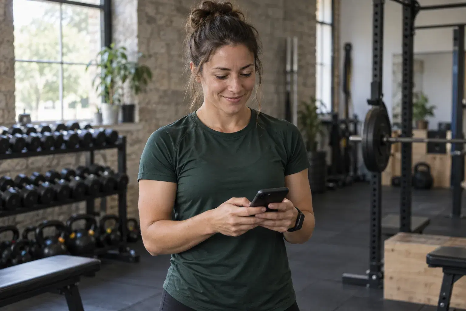 A personal trainer checking her phone between sessions in a gym