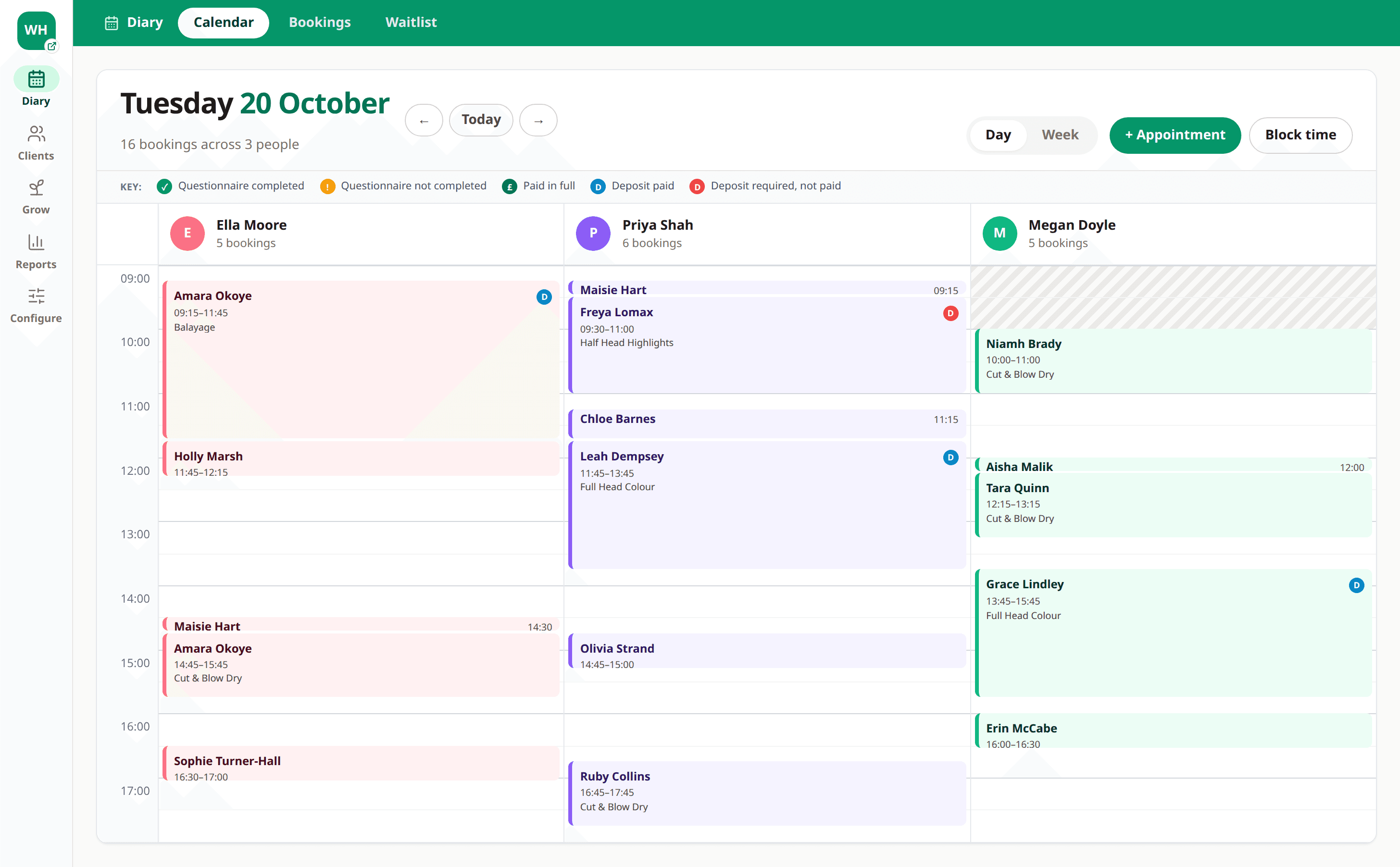 Slotivo diary for a hair salon: three stylists side by side, each with their appointments in their own colour