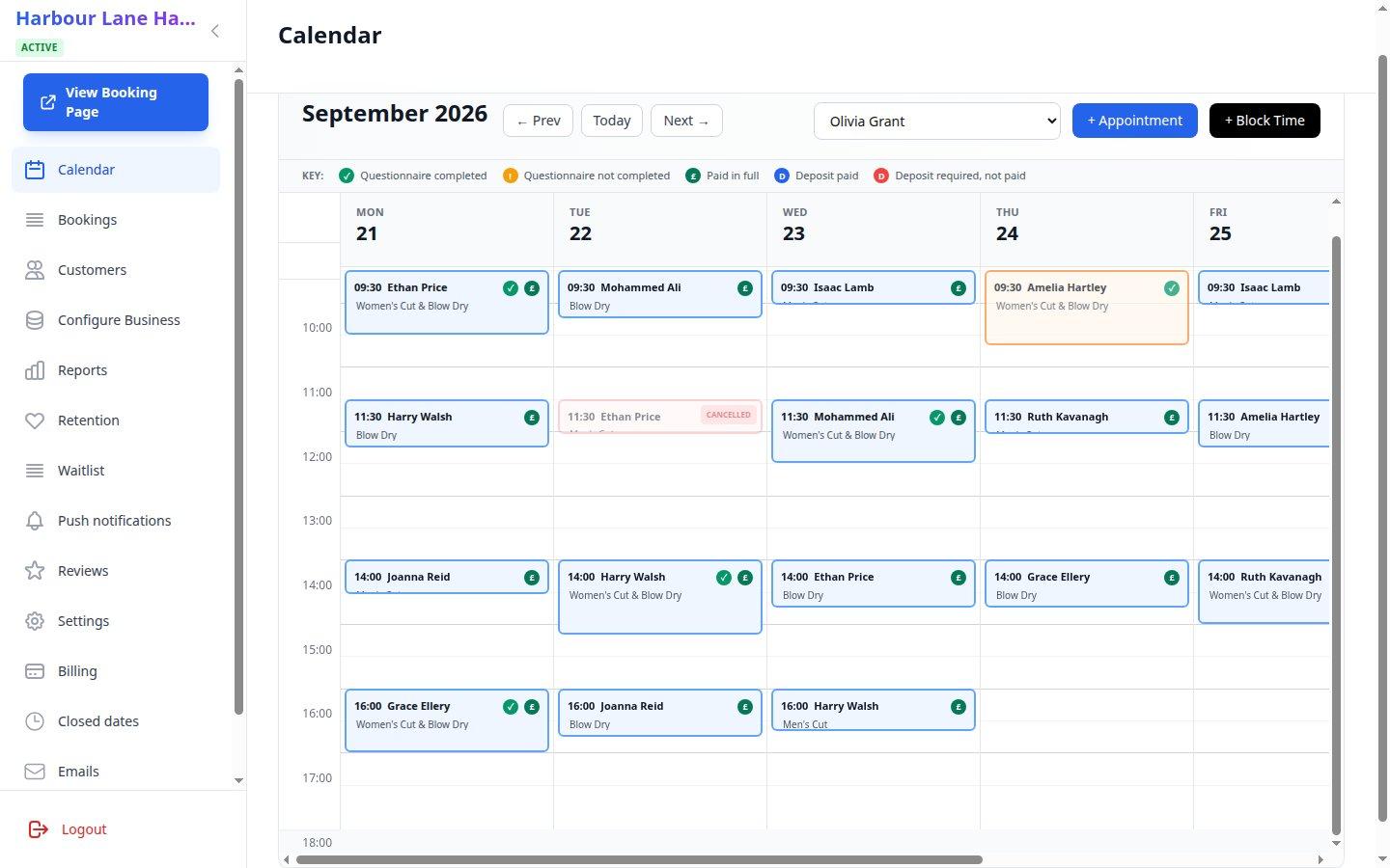 Slotivo salon diary showing a week of appointments with payment and questionnaire status for each booking