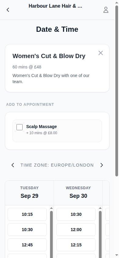Salon booking page on a phone offering an add-on and available appointment times