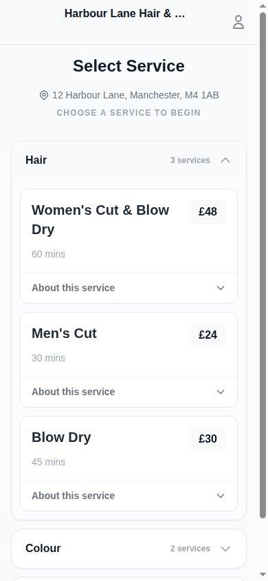 Salon booking page on a phone listing hair services with prices and durations