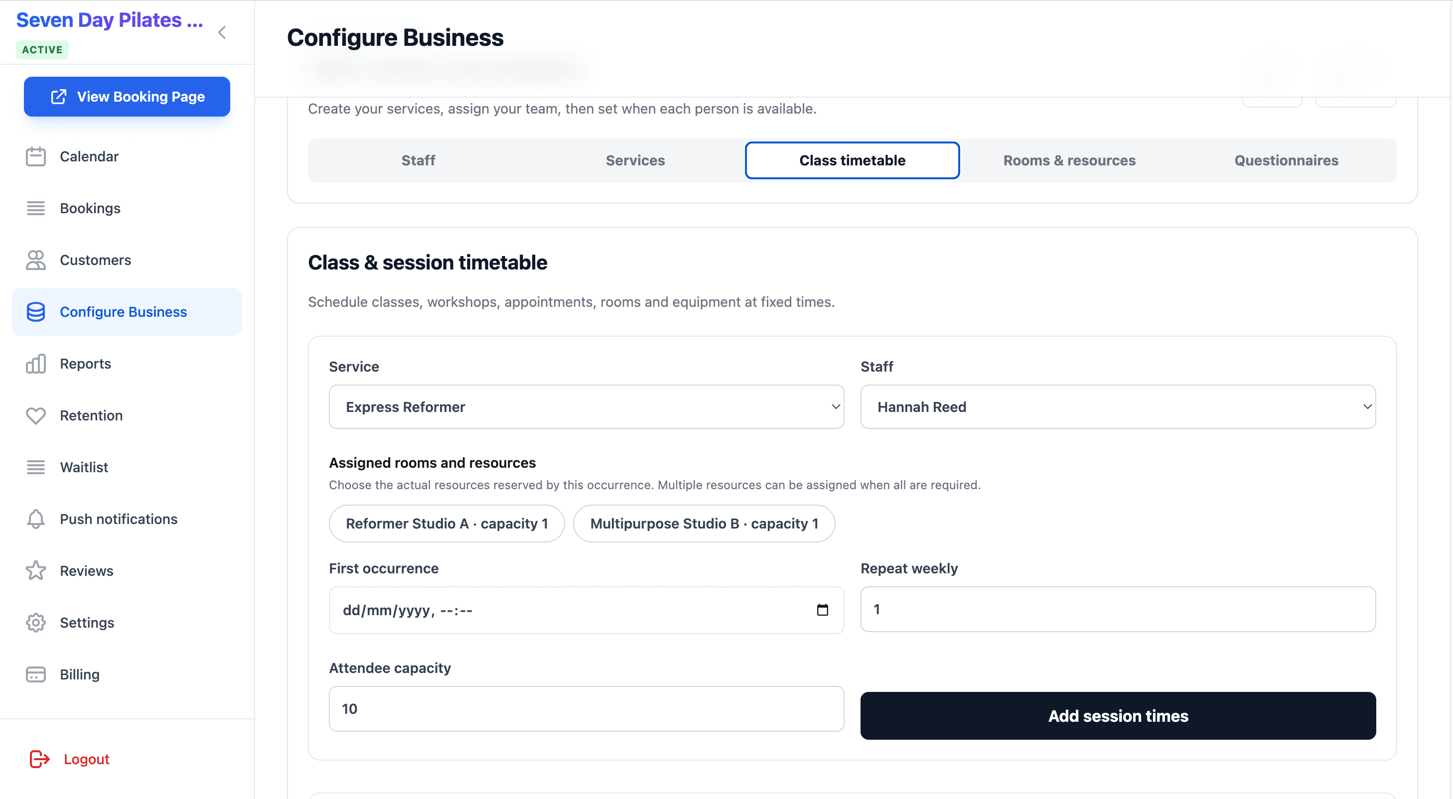 Class & Session Timetable in Slotivo Pro