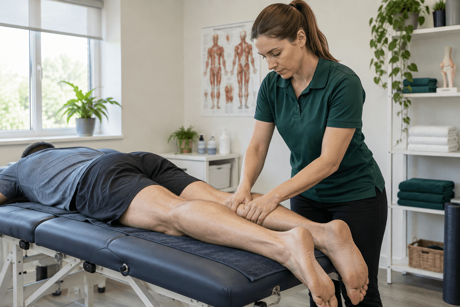 A sports massage therapist treating a runner in a treatment room