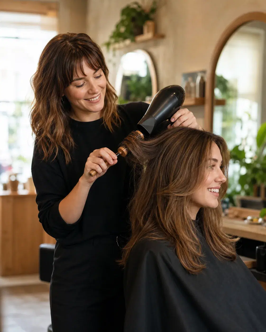 A female hairstylist blow-drying a female client in a welcoming salon