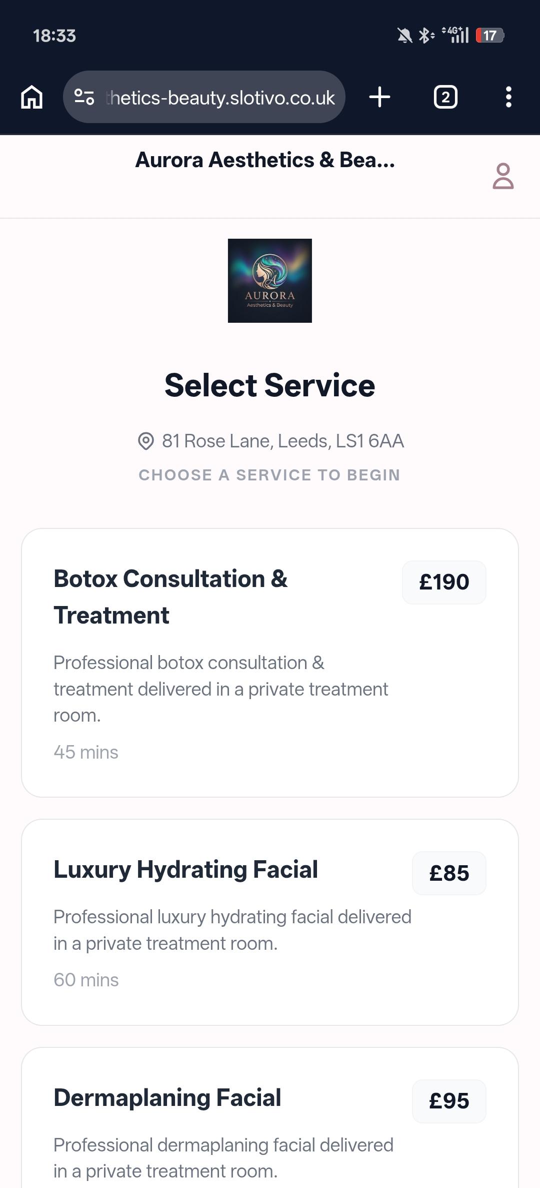 An aesthetics clinic's Slotivo booking page on a phone listing Botox consultation, hydrating facial and dermaplaning treatments with prices
