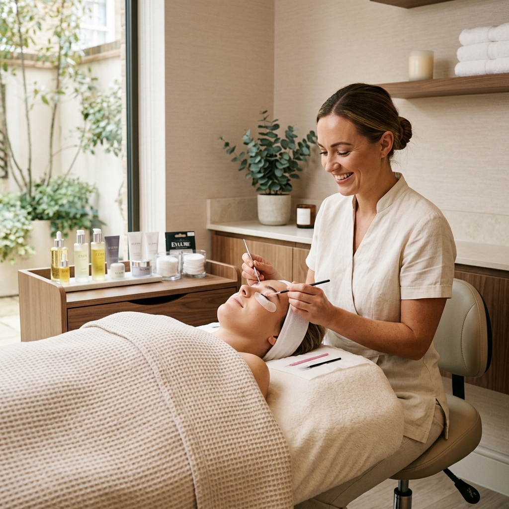 UK beauty salon therapist performing a professional facial treatment