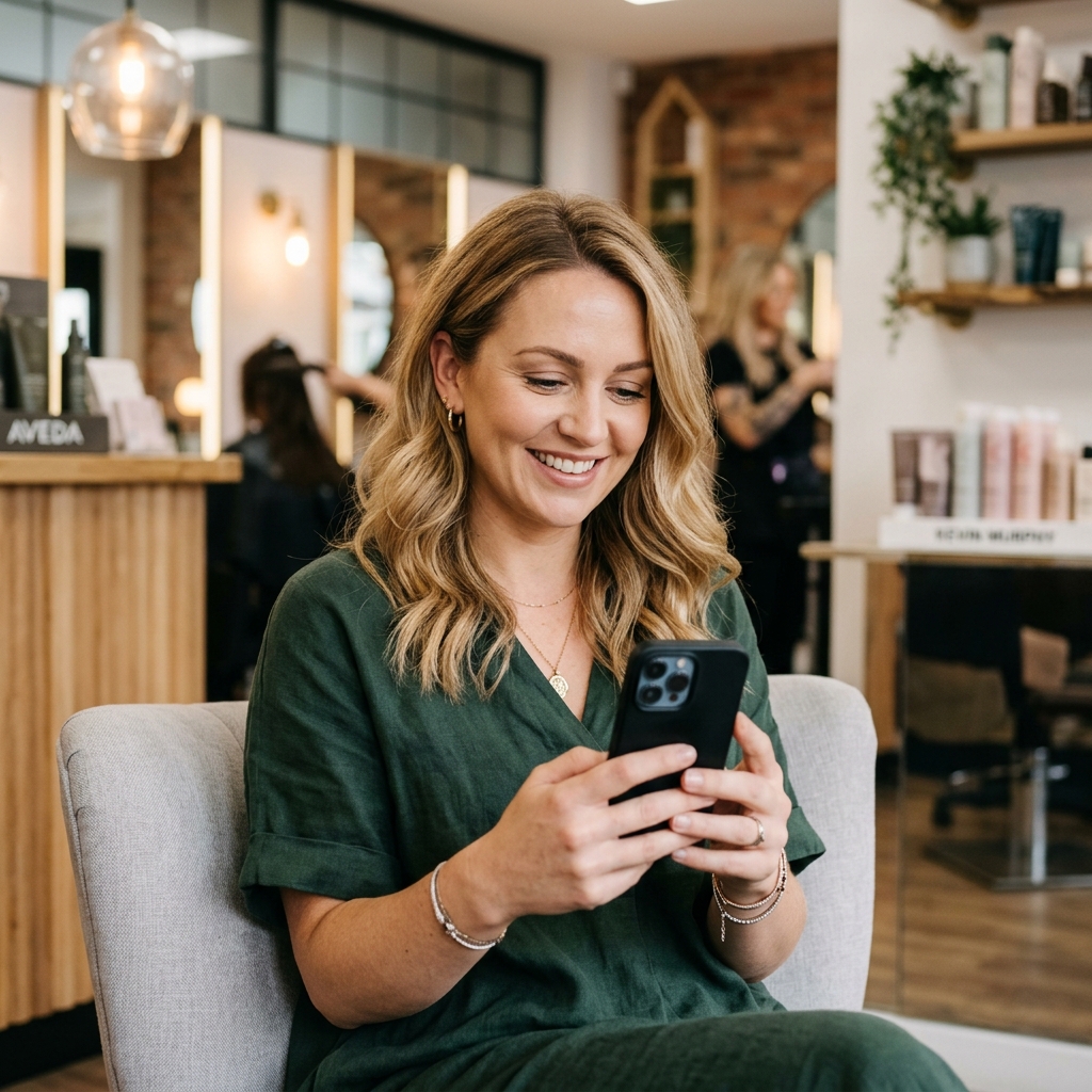 Happy UK salon owner looking at her smartphone